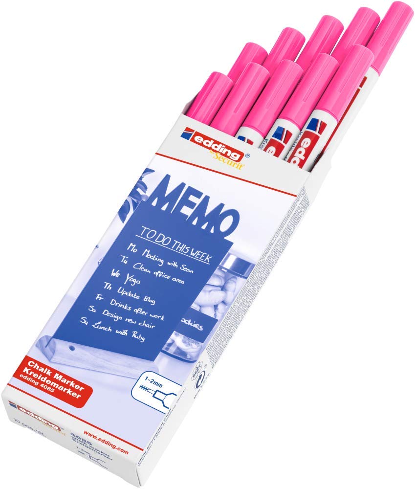 Edding 4085-10 pennarelli a gesso liquido, punta tonda, 1-2 mm, punta fine, cancellabile a umido, per lavagne, finestre, vetro, specchi, copertura opaca