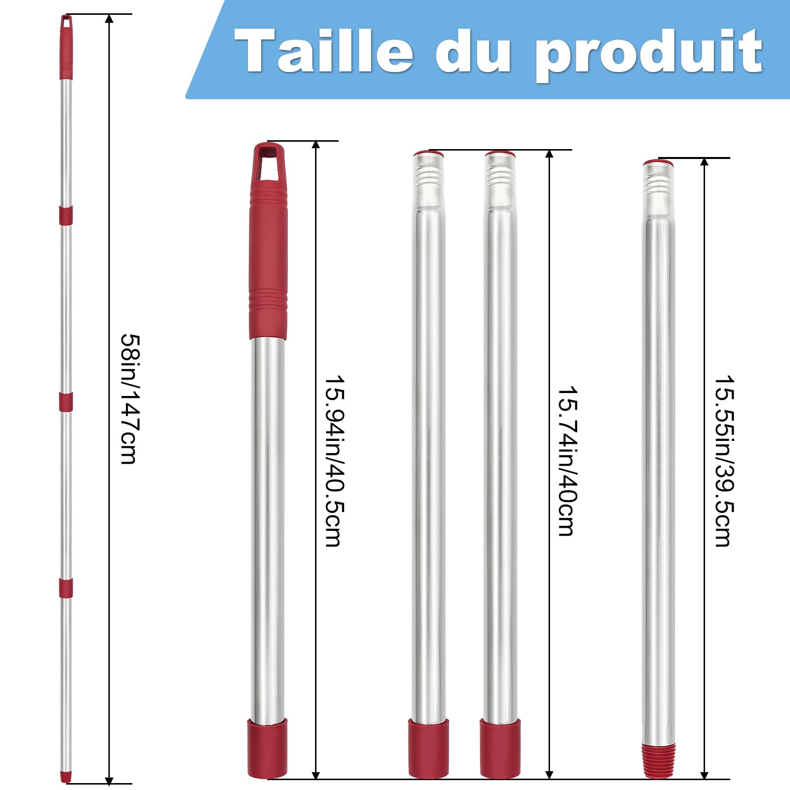 1PC Manche de Serpillière de Remplacement 4 Sections Réglable Acier Inoxydable Compatible Avec Vileda Spin Turbo Easy Wring Mop Barres de Serpillière Réglables