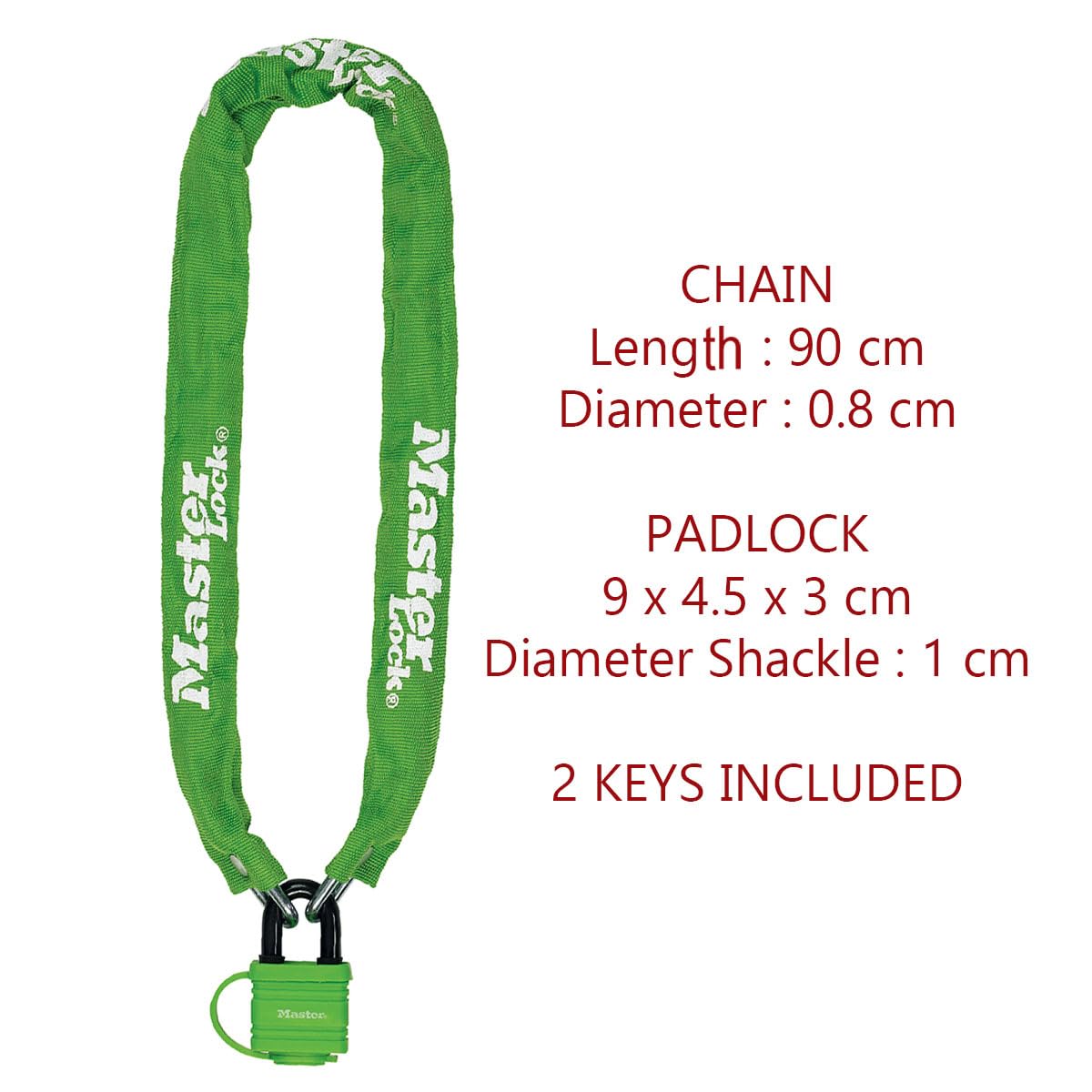 MASTER LOCK Chaîne Antivol Vélo avec Cadenas à Clé [Clé] [90 cm Chaîne] [Couleur Aléatoire] 8390EURDPROCOL - Idéal pour les Vélos, Vélos Electriques, VTT et autres