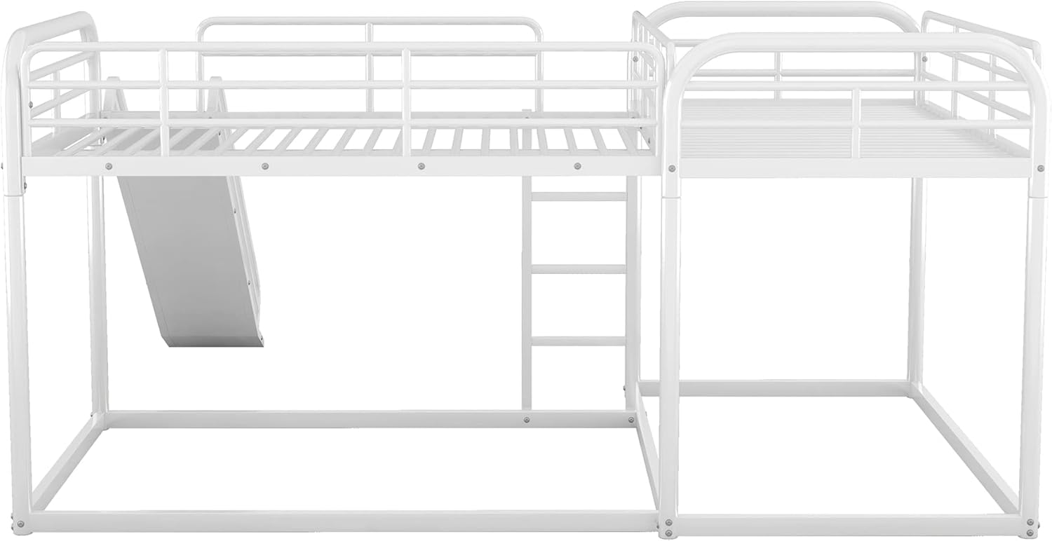 Bellemave L-Shape Bunk Beds with Slide, Quad Bunk Bed for 4, Metal Twin Size Bunk Bed Attached with Full Size Bed Frame, Modern Corner Bunkbed for Multi-Kids Boys Girls Teens (White)