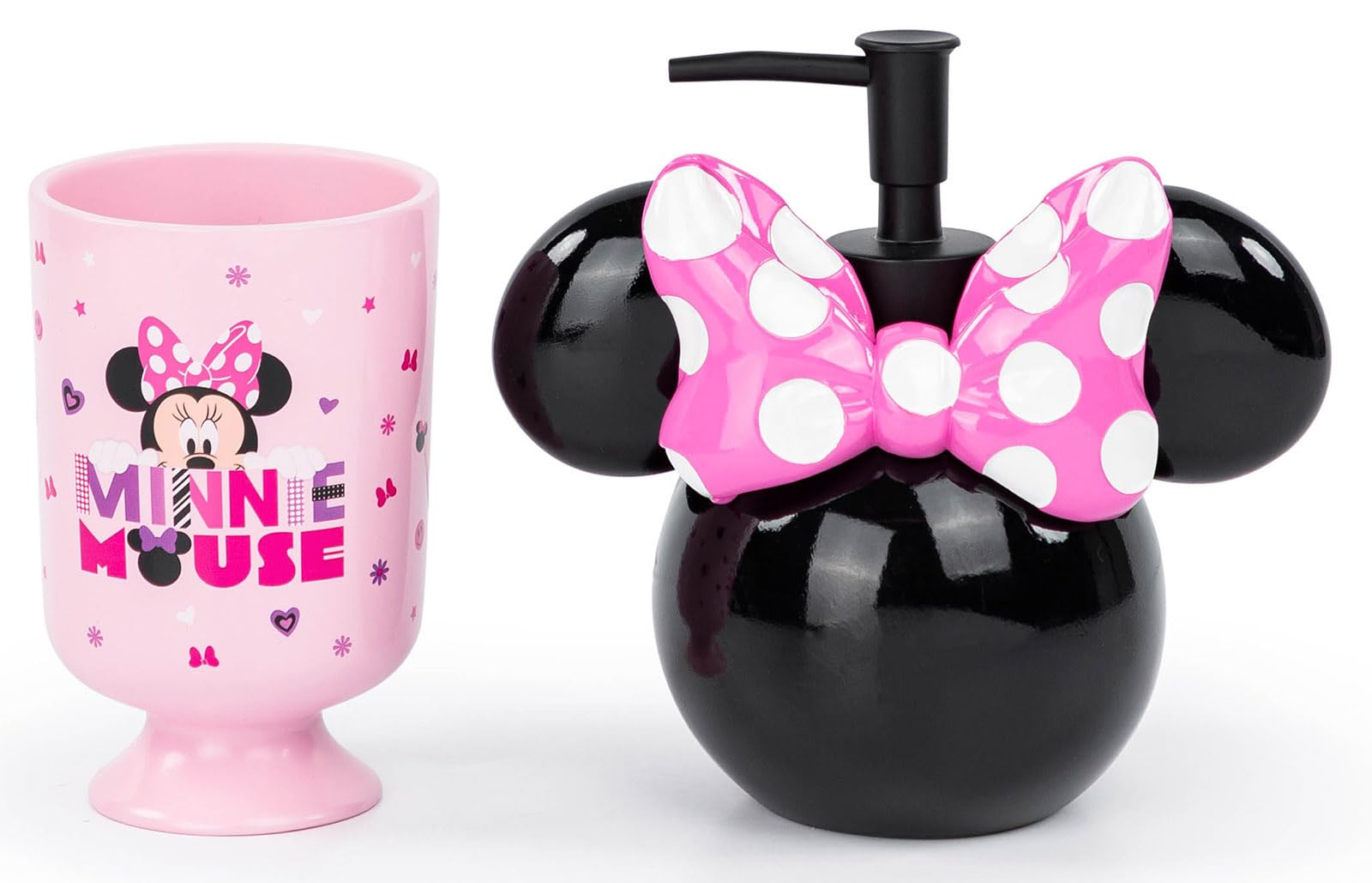 Jay Franco Disney Minnie Mouse 2 Piece Bathroom Set - Pink & Black Soap Dispenser & Tumbler Set - Kids Resin Bathroom Accessories