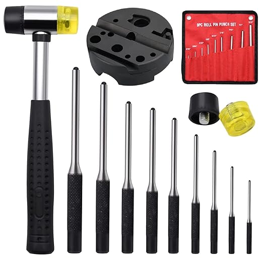 Roll Pin Punch Set, 14pcs Removing Repair Tools, including Universal Block, Pin Punches and Hammer(Pin Punches + Block)