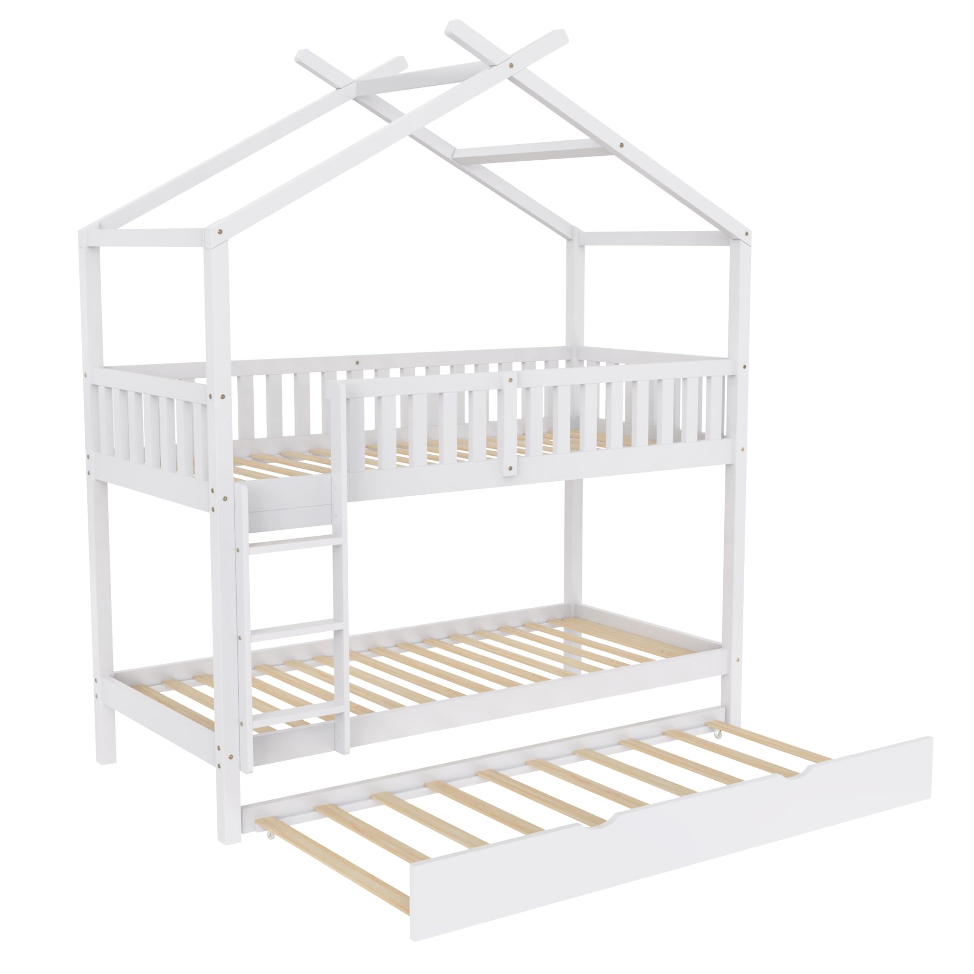 Moimhear Cama para niños House Bed 90 x 200 cm, cama juvenil, tres camas, extensible, diseño que ahorra espacio, color blanco