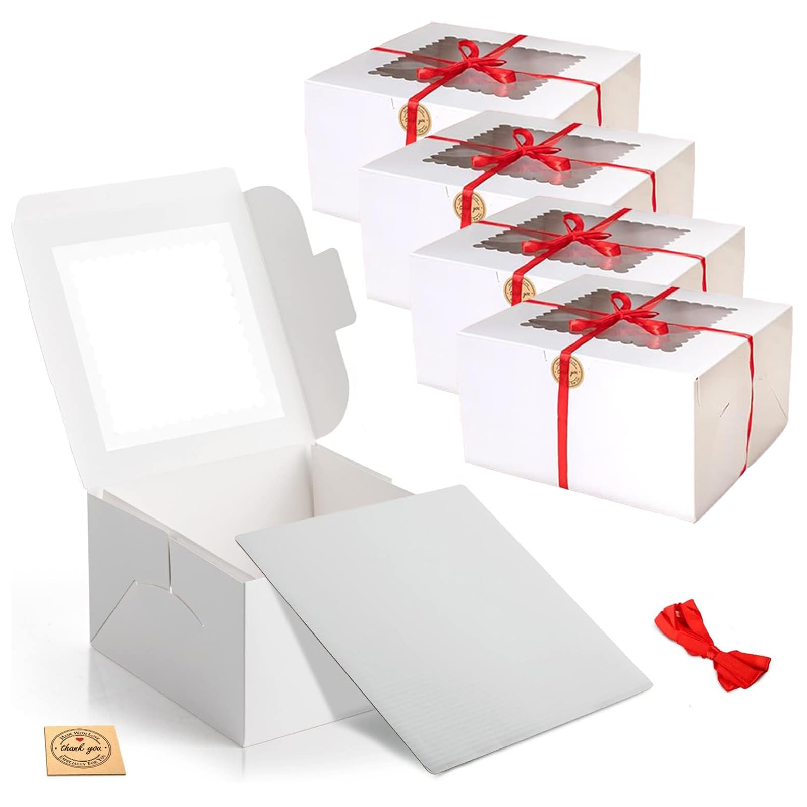 EDS Premium Quality Cake Box 10 Inch with Square Cake Board - Thick Cardboard Cake Boxes with PE Coating & Transparent Window - Ribbon and Sticker Included (PACK OF 4)