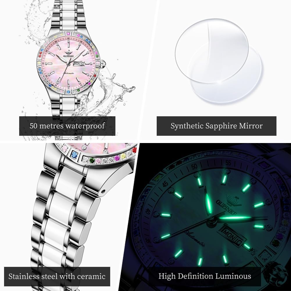 OUPINKE Orologi automatici da donna, meccanici, lussuosi, a carica automatica, in acciaio inox, impermeabili, luminosi, da donna, idea regalo