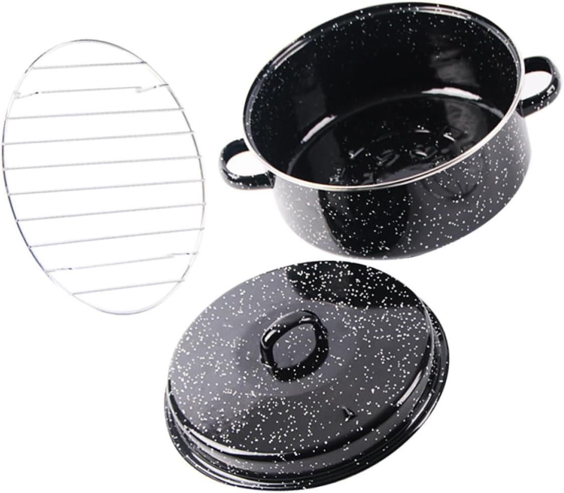 Enameled Roasting Pan with Lid, Black Enamel Roasting Pot