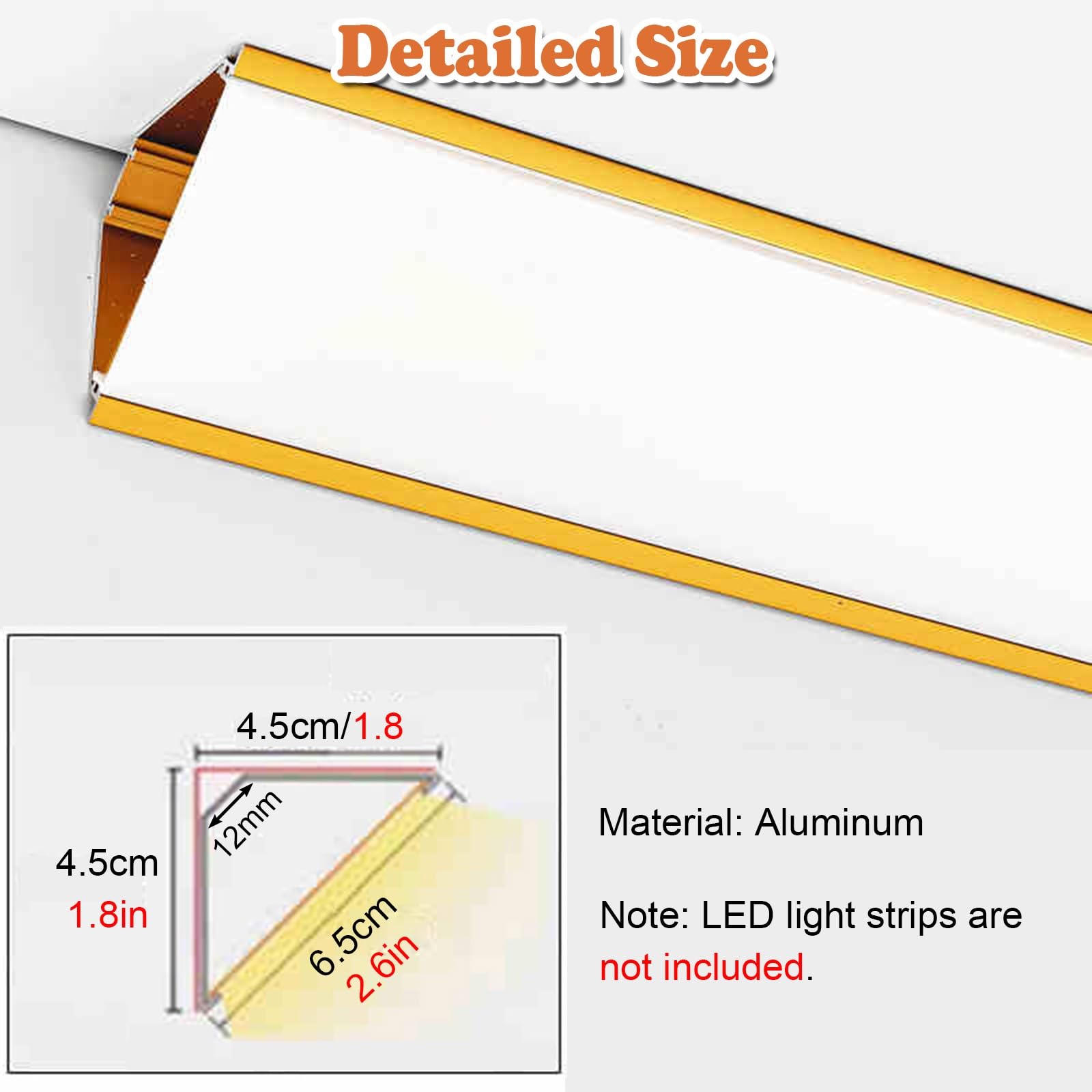 Taza de luz LED Iluminación de moldura de corona impermeable, canal de luz LED de aluminio montado en superficie con accesorios de esquina, perfil LED de escalera para el baño de la cocina(Gold,2m/6.6