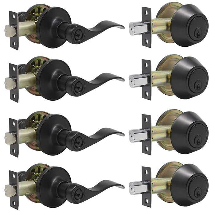 Buy 4 Pack Keyed Alike Entry Lever Door Handle and Single Cylinder Deadbolt Lock Set, Wave Style