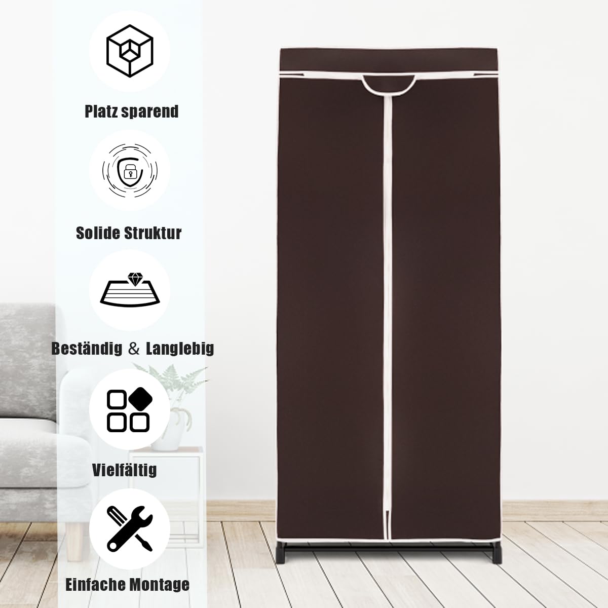 SOARS Kleiderschrank, Stoffschrank mit Kleiderstange stabil & Ablage, Kleiderschrank Stoff mit Metallgestell, Faltschrank 74 x 50 x 172 cm, für Schlafzimmer, Ankleidezimmer (Braun)