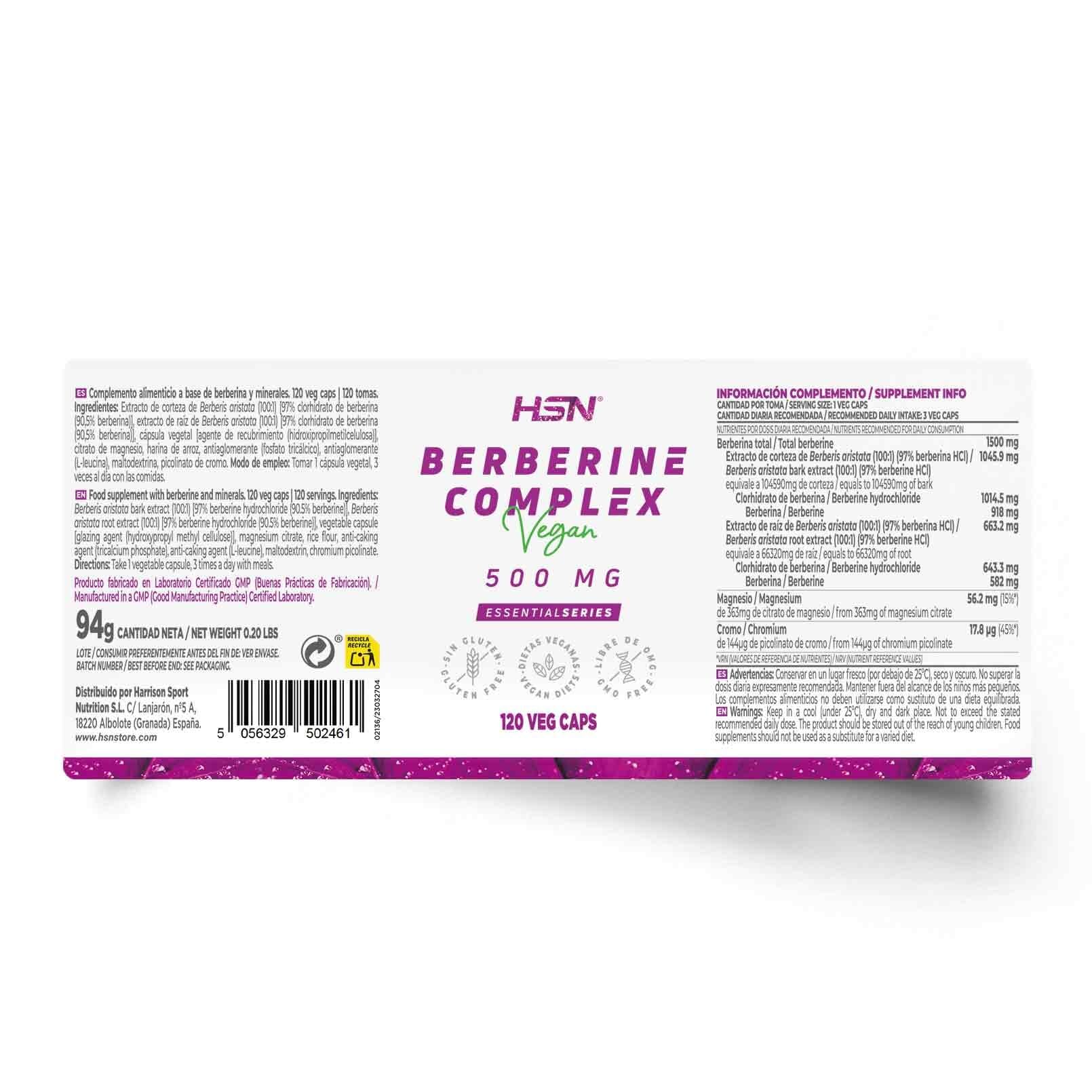HSN Berberina Complex 500mg | Extracto de Berberis Aristata 97% Berberina HCl | Con Citrato de Magnesio y Cromo | 120 Cápsulas Veganas | Apoyo al Metabolismo y Glucosa Normal