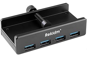 Rekidem 4-Port Aluminum Clamp USB Hub with Adjustable Clip