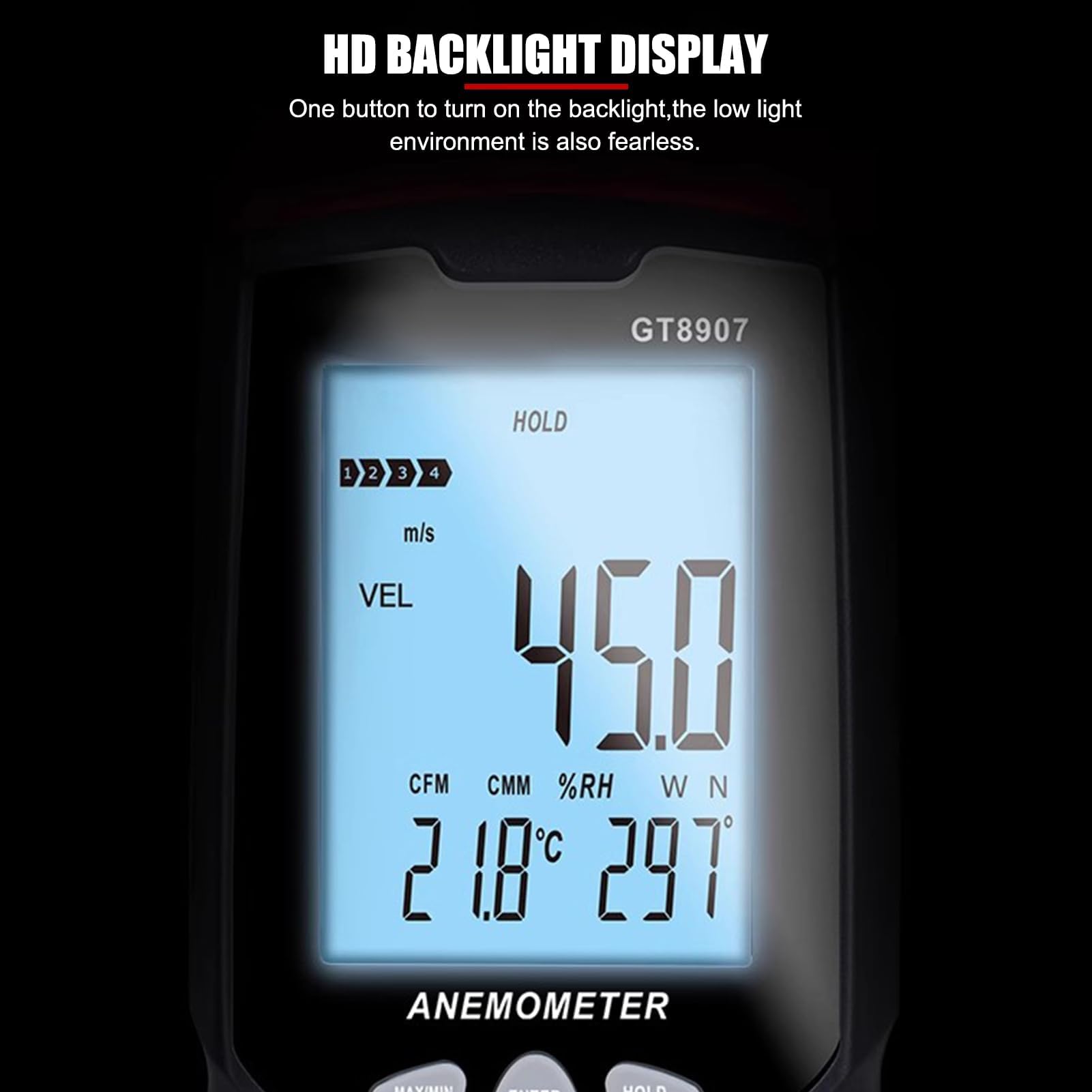 Anemómetro Digital, Anemómetro De Paleta Portátil Retroiluminado con 0~45 M/s, Flujo De Aire CFM/CMM, Registro De Datos USB, Sonda Retráctil, Pantalla LCD Retroiluminada para Conductos