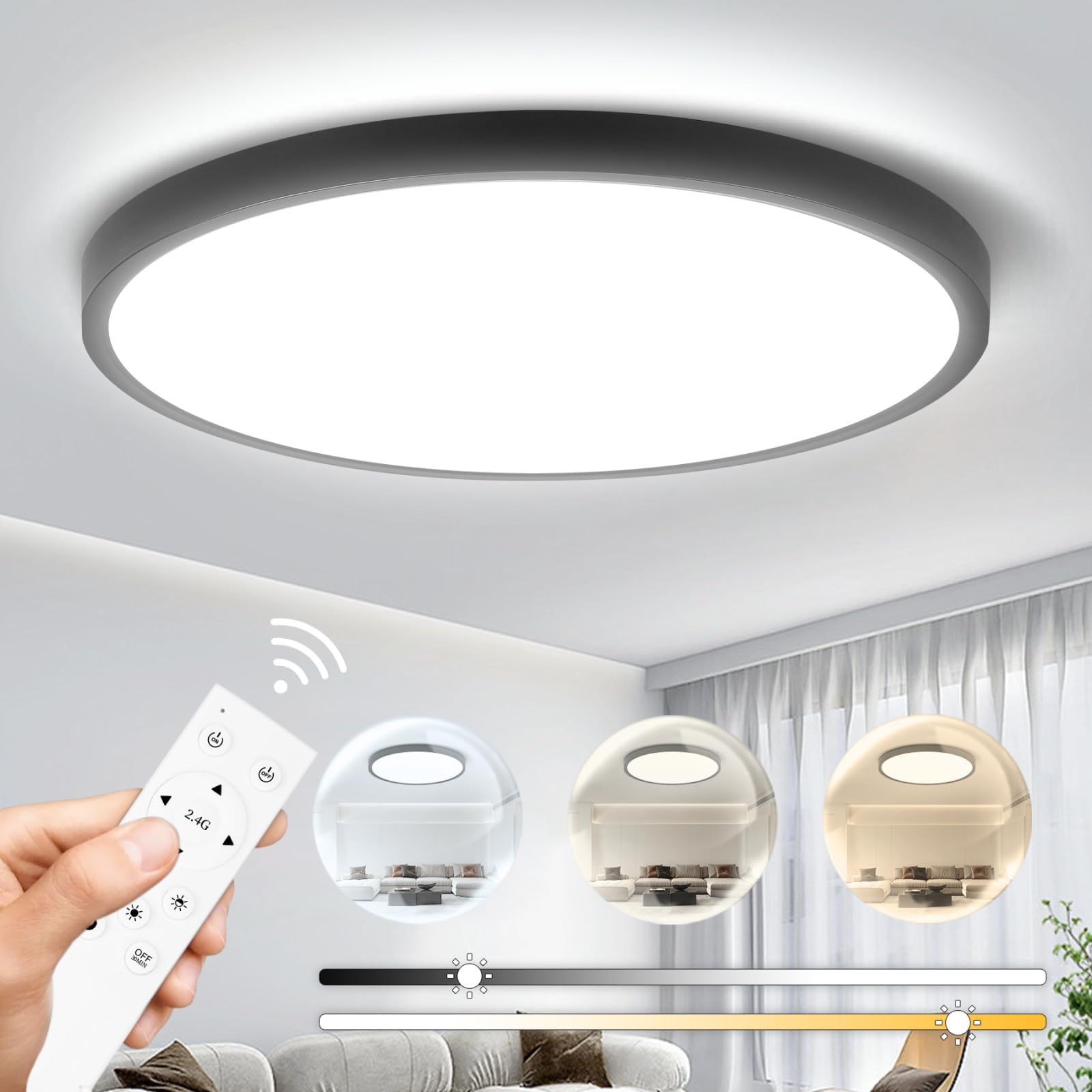 CANMEIJIA 24W LED Ceiling Light, Flush Ceiling Light with Remote Control 3000-6500K Soft Light 2520LM Dimmable Ceiling Lights Bedroom Office Kitchen Bathroom Living Room, 30CM(Black)