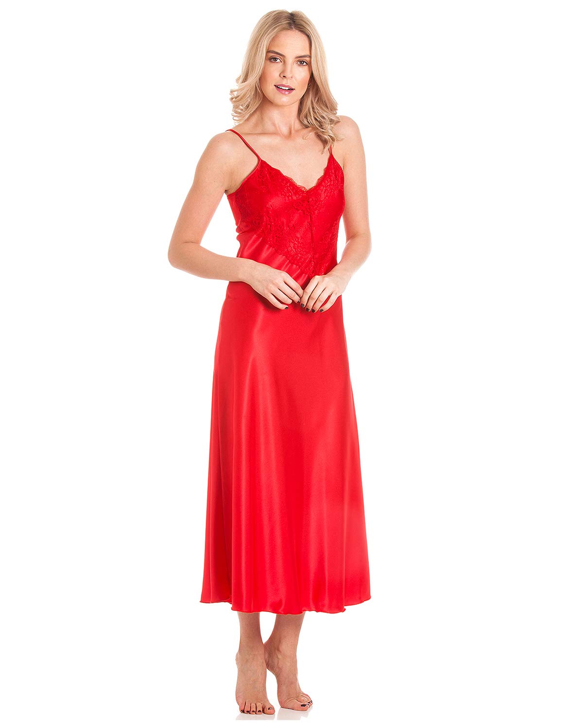 Undercover Womens Satin & Deep Lace Long Chemise Nightdress N50 Red WMS