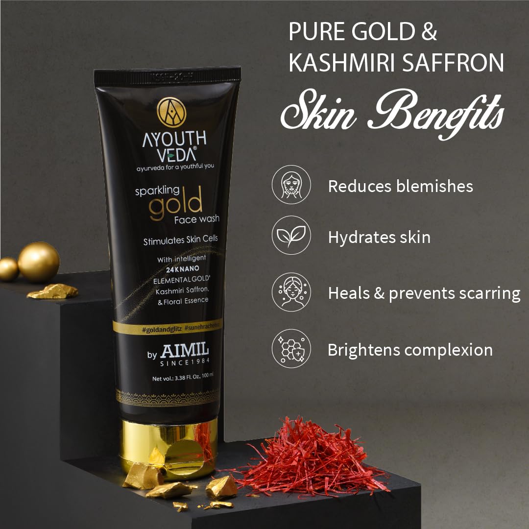 Ayouthveda Sparkling 24K Nano Elemental Gold Face Wash For Both Men & Women| Enriched With 24K Gold & Kashmiri Saffron |Golden Glow|Suitable for Normal & Dry Skin (Pack of 1;100ml)