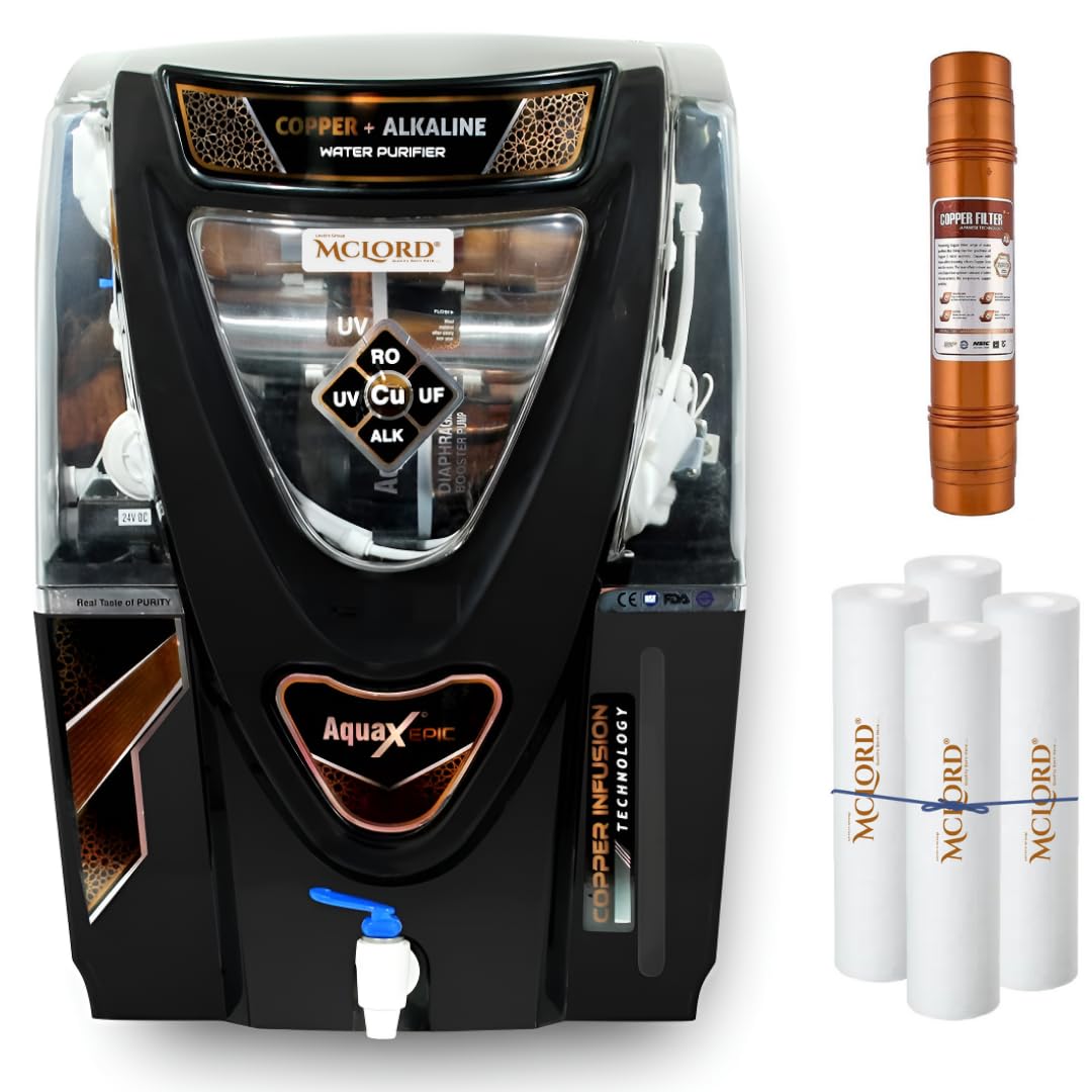 Mclord Epic | Aqua water purifier R.O | R.O+U.V+Copper+TDS and Taste Adjustor+Activated Carbon | 20 Liter Filteration Capacity (RO+CU+4PF)