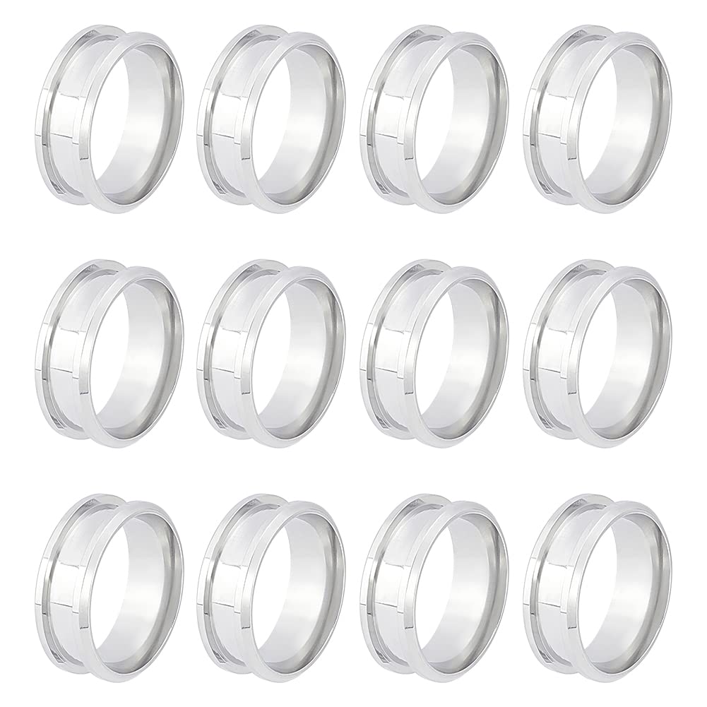 UNICRAFTALE 12pcs Blank Core Size 8 Stainless Steel Grooved Finger Ring With Velvet Pouches - 18mm Round Empty Blanks for Inlay Jewelry Wedding Band Making