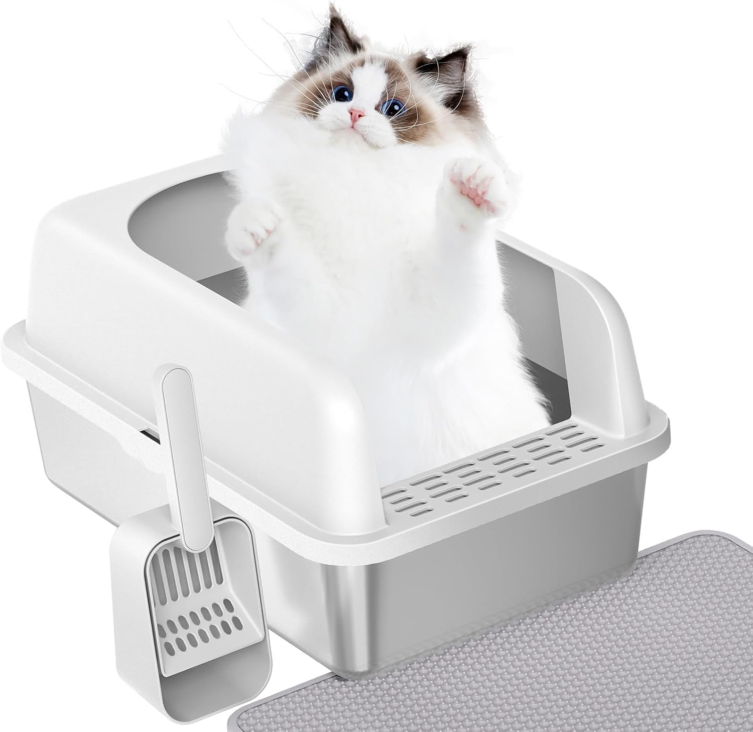 Prodigen Stainless Steel Cat Litter Box with Lid High Wall Sides Enclosure, Non-Sticky, Anti-Leakage, Easy Cleaning, with Cat Mat & Metal Scoop, 19.6 L x 14 W x 12 H