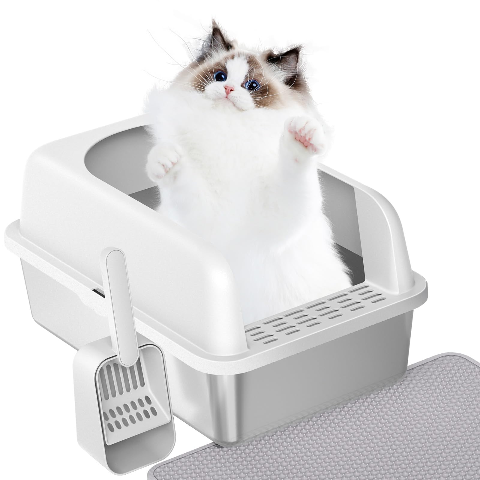 Prodigen Stainless Steel Cat Litter Box with Lid High Wall Sides Enclosure, Non-Sticky, Anti-Leakage, Easy Cleaning, with Cat Mat & Metal Scoop, 19.6" L x 14" W x 12" H
