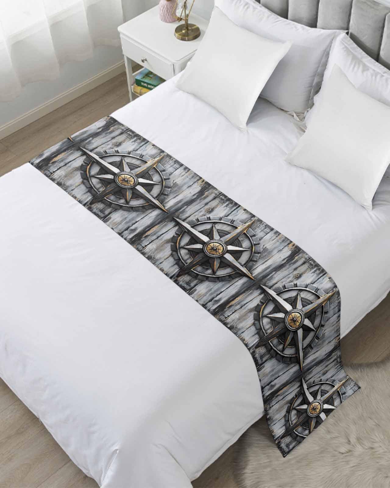 Vintage Coastal Bed Runner for King Size, Nautical Ocean Summer Beach Compass Bedspread Protector Slipcover Bed Scarf for Foot Runners & Scarves for Bedroom Hotel Wedding Room 102x20 Inches