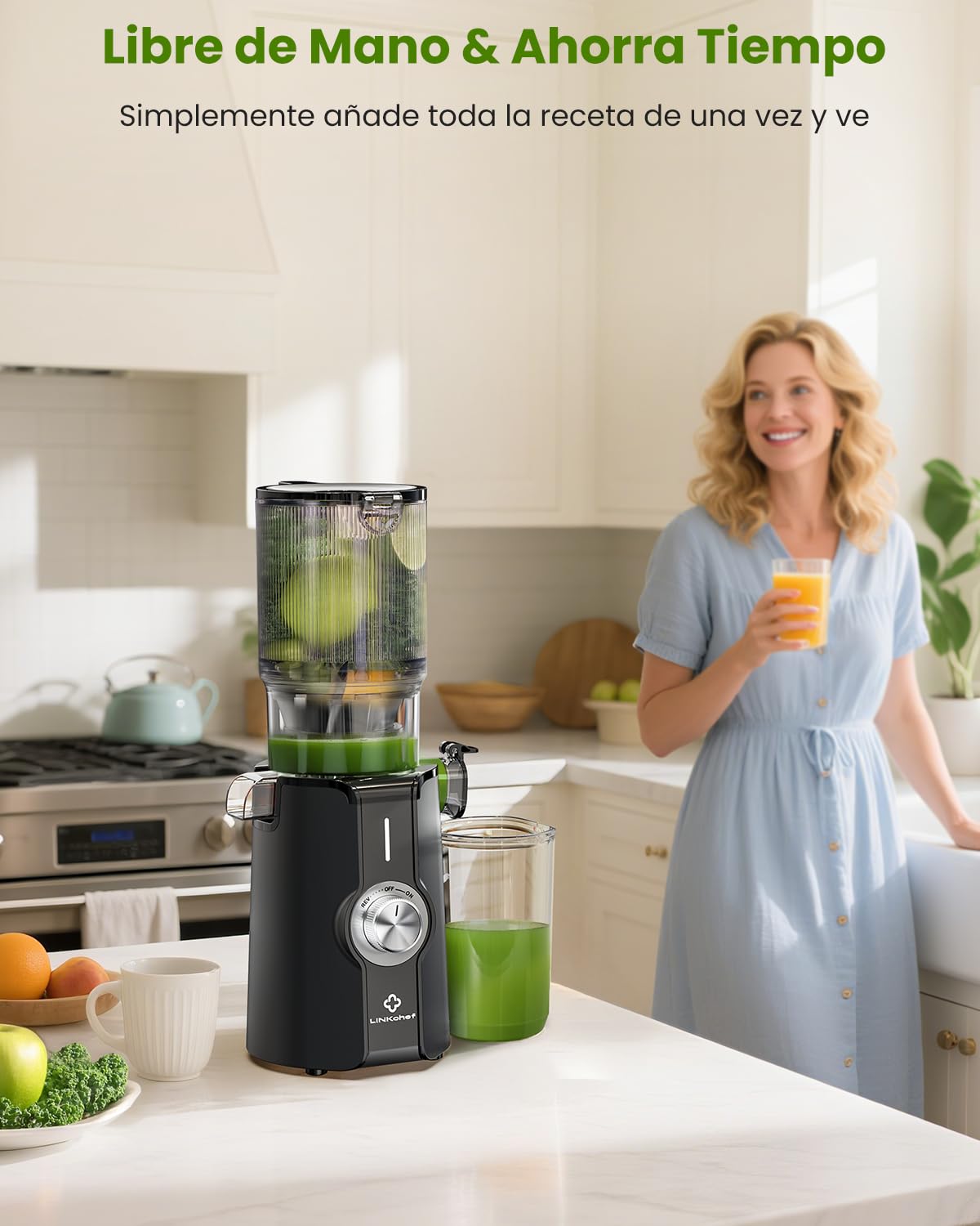 LINKChef Extractor de Jugos y Verduras Prensado en Frío | Slow Juicer 200W | Boca Ancha 115mm para Frutas Enteras | Licuadora con Recetario Incluido | Sin BPA, Negro