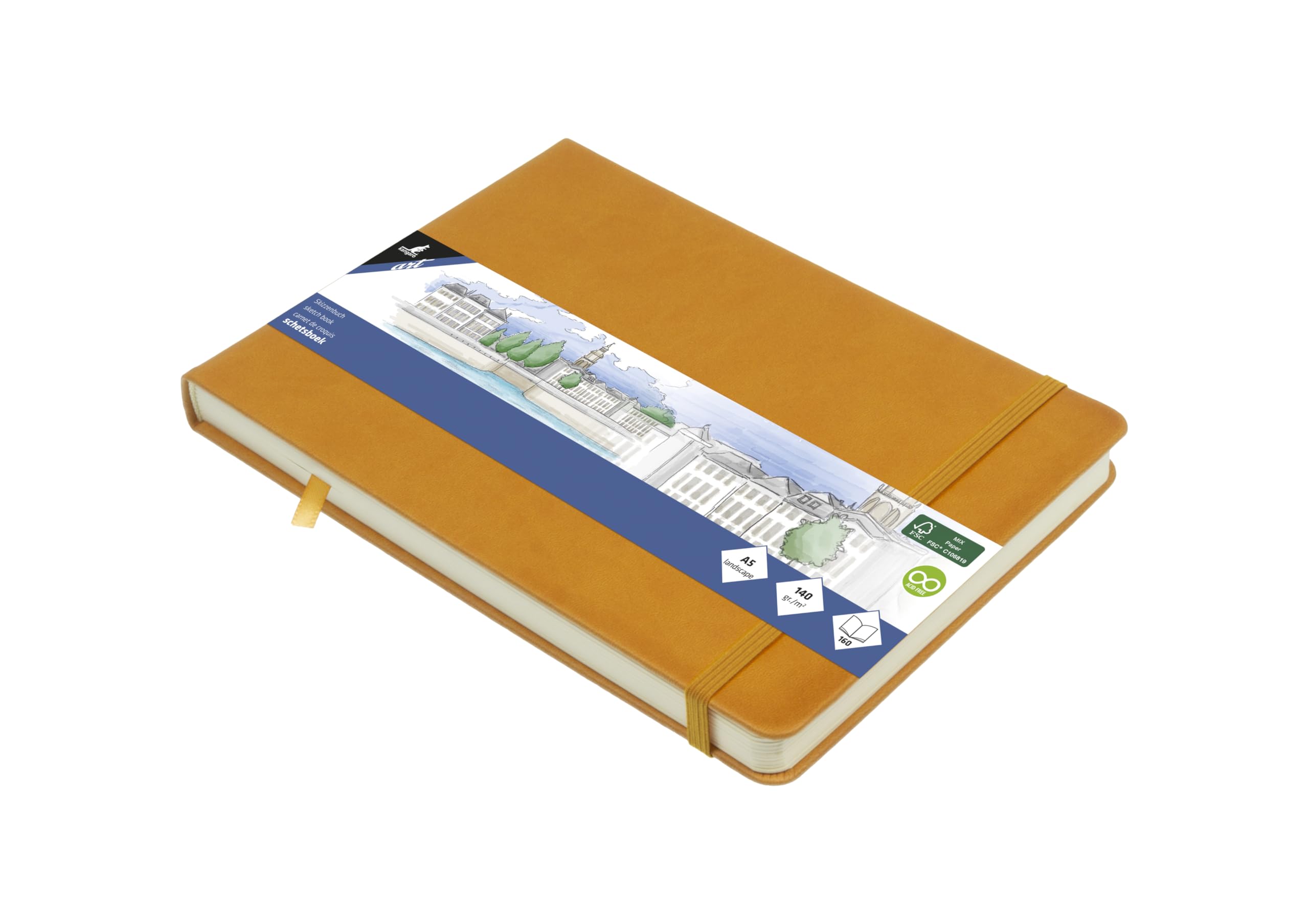Kangaro Art Sketchbook A5 Landscape Ochre Yellow PU Hard Cover 80 Sheets 140 g Cream Paper
