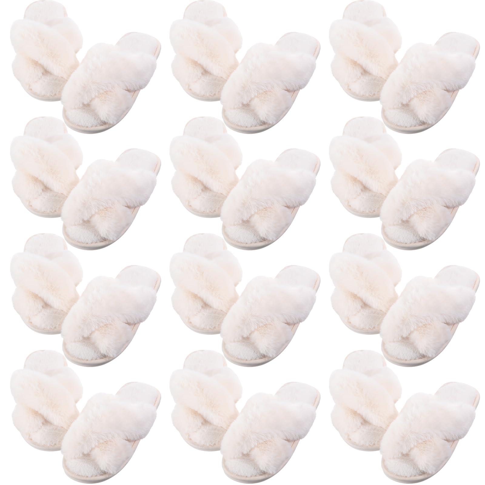 12 Pairs Womens Fuzzy Slippers Cross Band Open Toe Bridesmaid Fluffy Comfy House Slippers for Indoor Outdoor Wedding