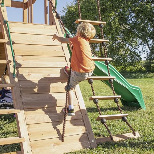 Backyard Discovery Endeavor All Cedar Wood Swing Set Playset for Backyard with Large Clubhouse Wave Slide Rope Ladder Rock Climbing Wall Wave Slide 2 Belt Swings and 1 Web Swing Gift for Ages 3-10 - image 8