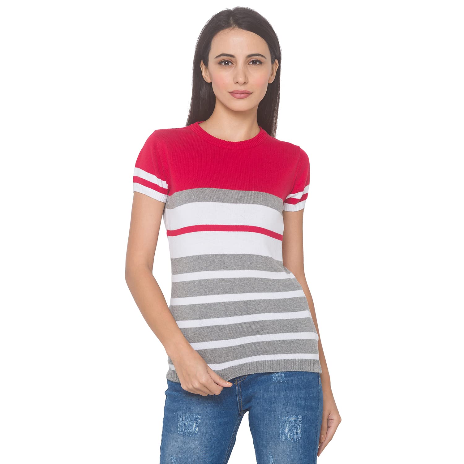 globus Women Red Striped Half Sleeves Sweatshirt-picture-14