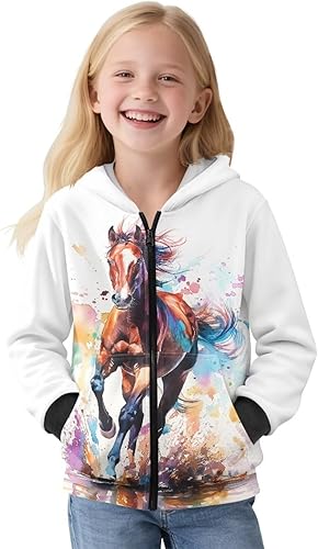 JEOCODY Kids Jackets Girls Outwear Boys Clothes Soft Tops Long Sleeve Shirts with Pockets(Horse Painting Printed,14-16 Years)
