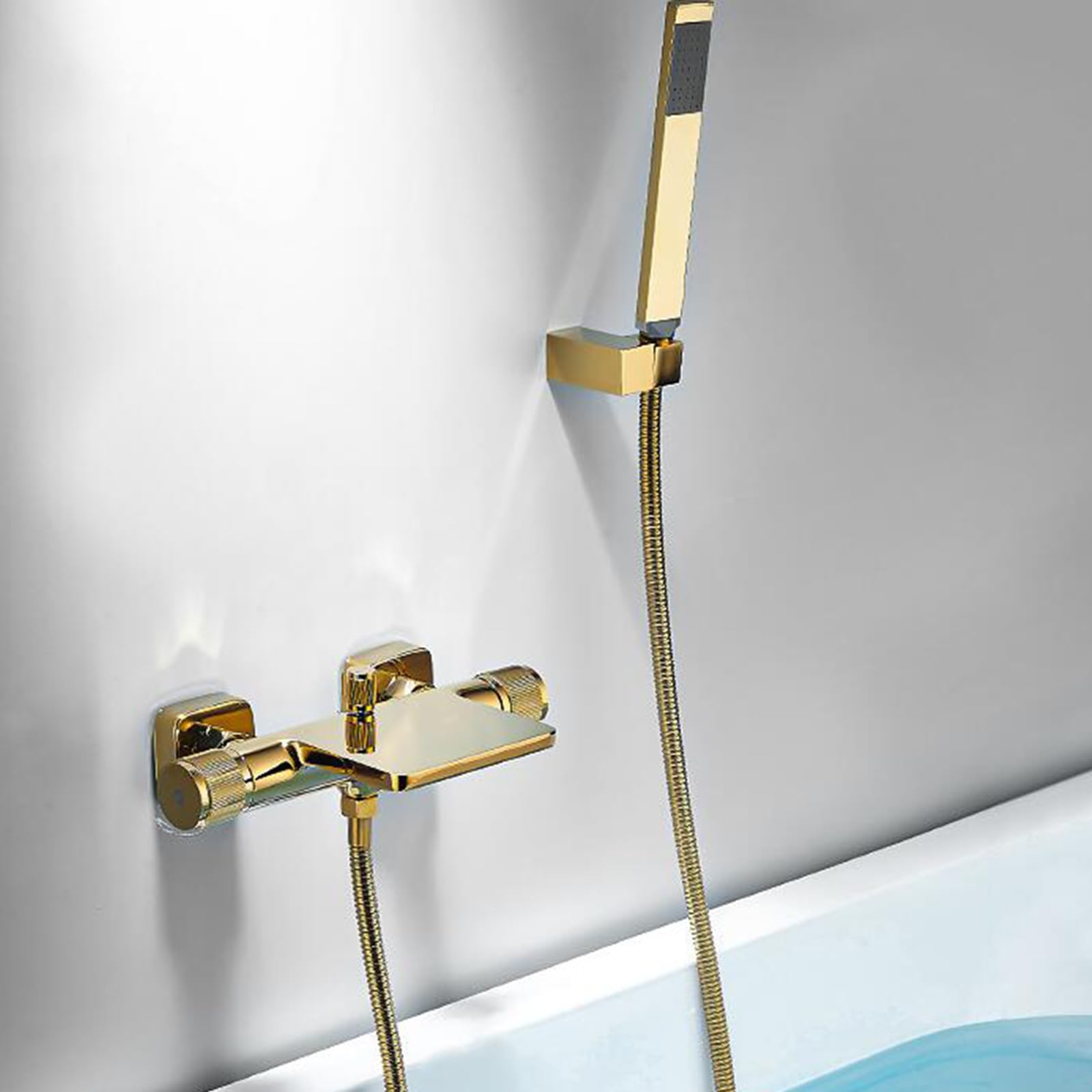 Robinet de bain cascade doré en laiton chic avec sa douchette - 8
