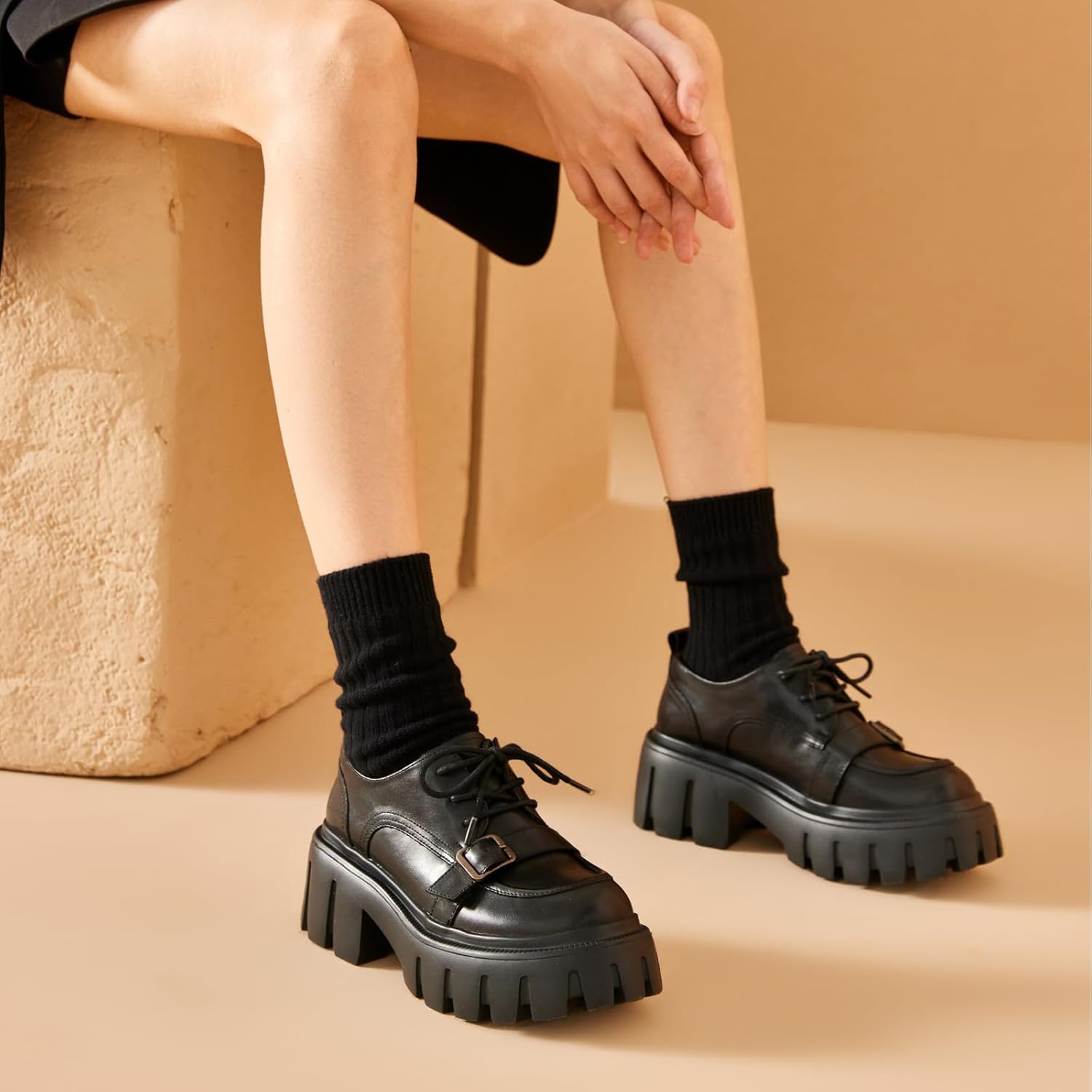 BEAU TODAY Platform Oxfords for Women, Oxford Shoes for Women, Chunky Leather Lace Up Oxford Shoes, Casual Comfort Business Work Office Dress Shoes - Image 2