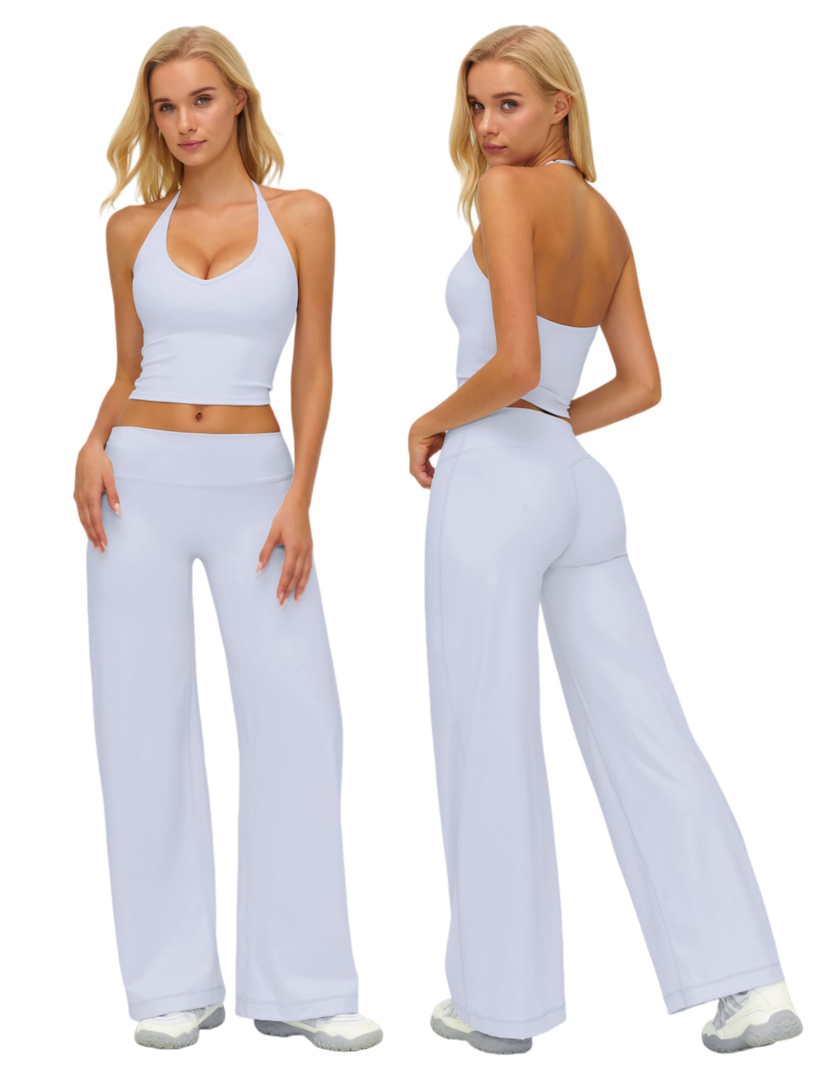Photo 1 of ***use***ABOCIW Workout Sets for Women 2 Piece V Neck Adjustable Halter Crop Top Matching Wide Straight Leg Yoga Pants Leggings Gym Pilates Outfits Athletic Work Out Clothes Halter Light