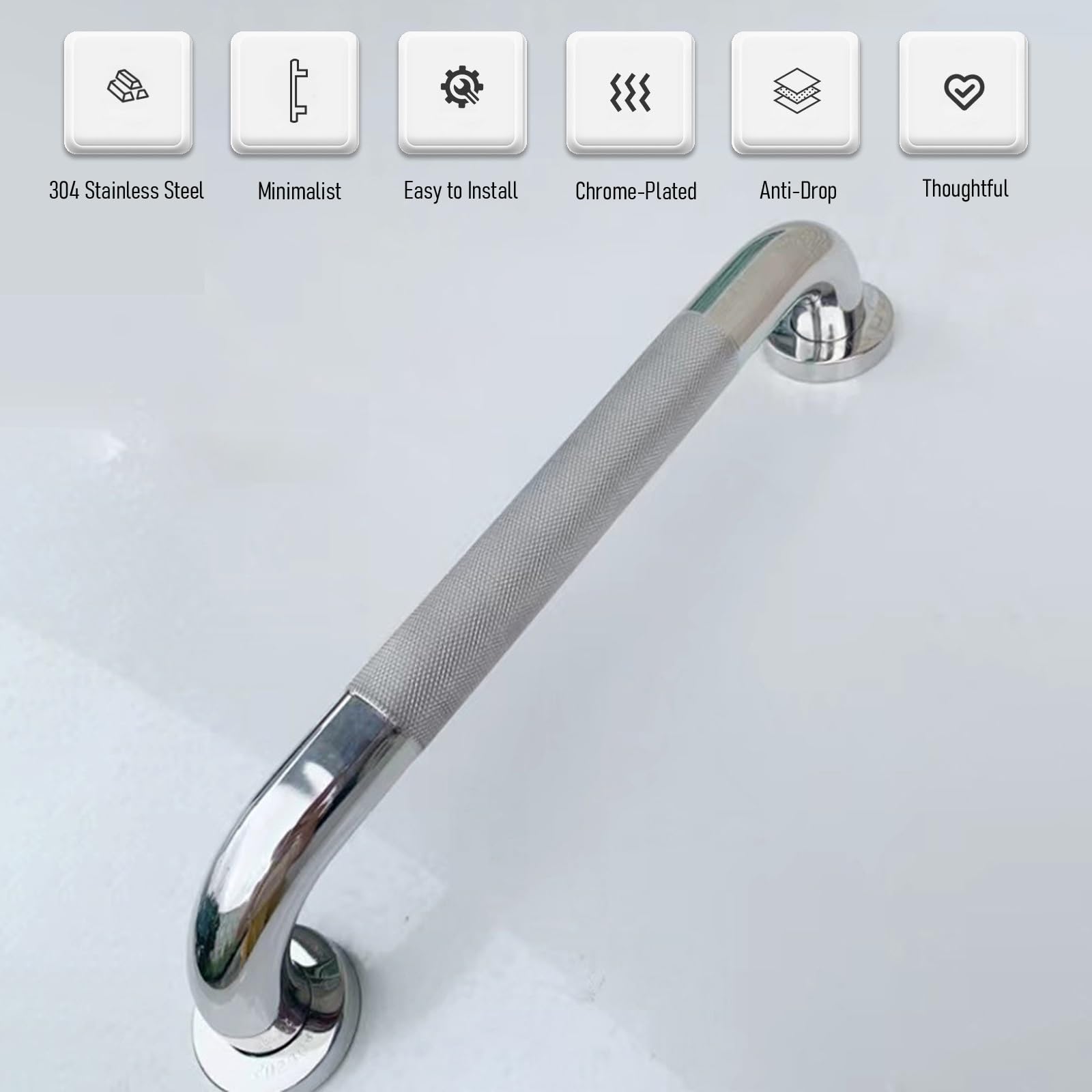 Barra di sostegno antiscivolo a forma di U, in acciaio inox 304, per interni ed esterni, diametro 3,2 cm, capacità di carico 180 kg, lunghezza 50 cm, ideale per bagno e WC (argento)