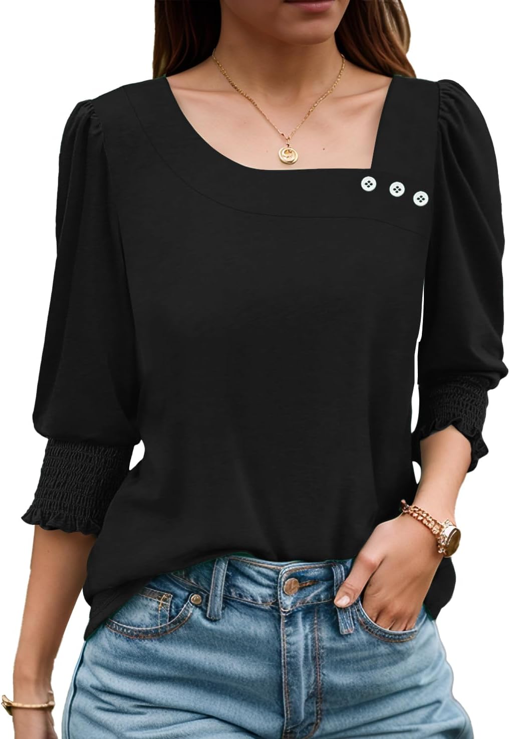 ETCYY NEW Womens Tops Dressy Casual Shirts 3/4 Length Sleeve Blouses for Women with Smocked Cuffs