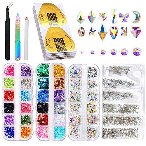 Nail Art Rhinestones with Nail Forms, 120 pcs Multi Shapes Glass Crystal Ab, 1728 pcs Nails Crystals, Color Nail Rhinestones, Nail Butterfly Sequins & Tools for Nail Art Supplies Accessories