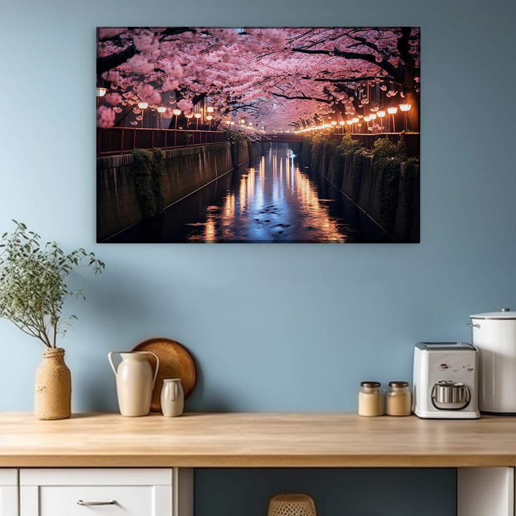Canvas for Living room. Illuminated Grace: Cherry Blossoms Along The Nighttime River, 27 x 18 inch Canvas Wall Art - Contemporary Masterpieces - Modern Home Decor