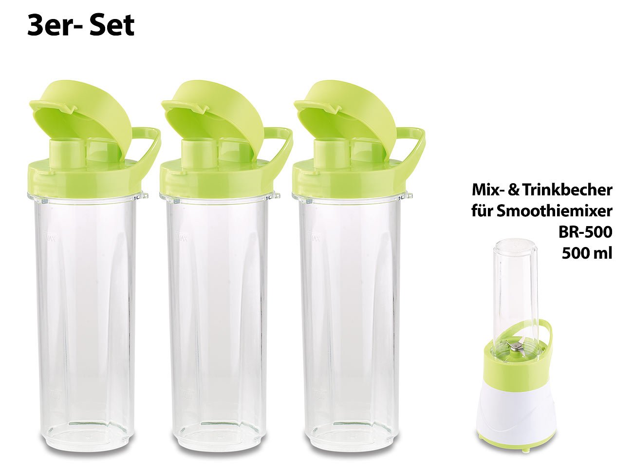 Rosenstein & Söhne Zubehör zu Smoothie Bereiter: Mix- & Trinkbecher für Smoothiemixer BR-500, 500 ml, 3er-Set (Drink-Mixer, Shaker, Flaschen)