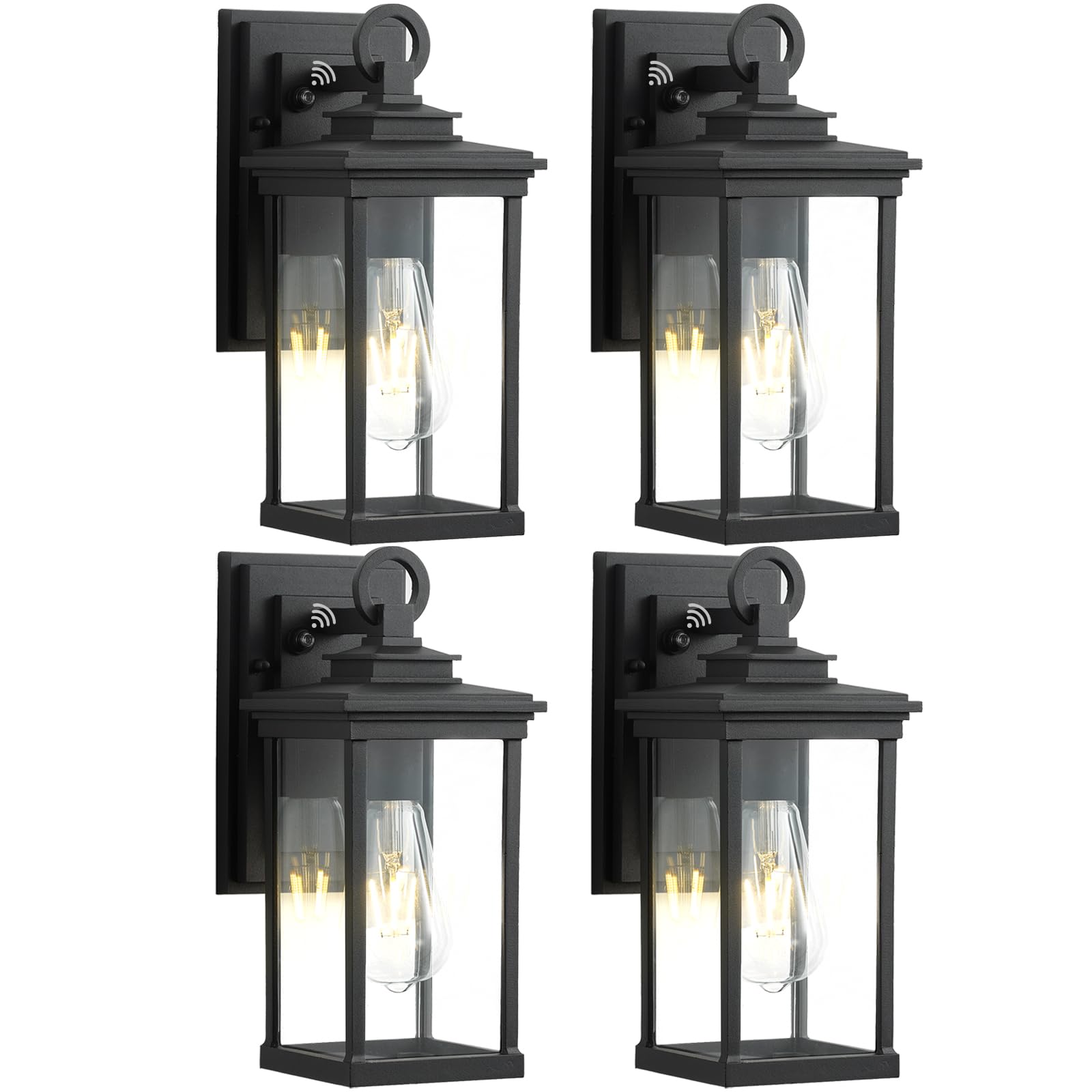 Dusk to Dawn Outdoor Wall Light Fixtures, 4 Pack Exterior Wall Lantern with Clear Glass Shade, Waterproof Outside Wall Sconce Lighting, Matte Black Wall Mount Lights for Garage, Patio