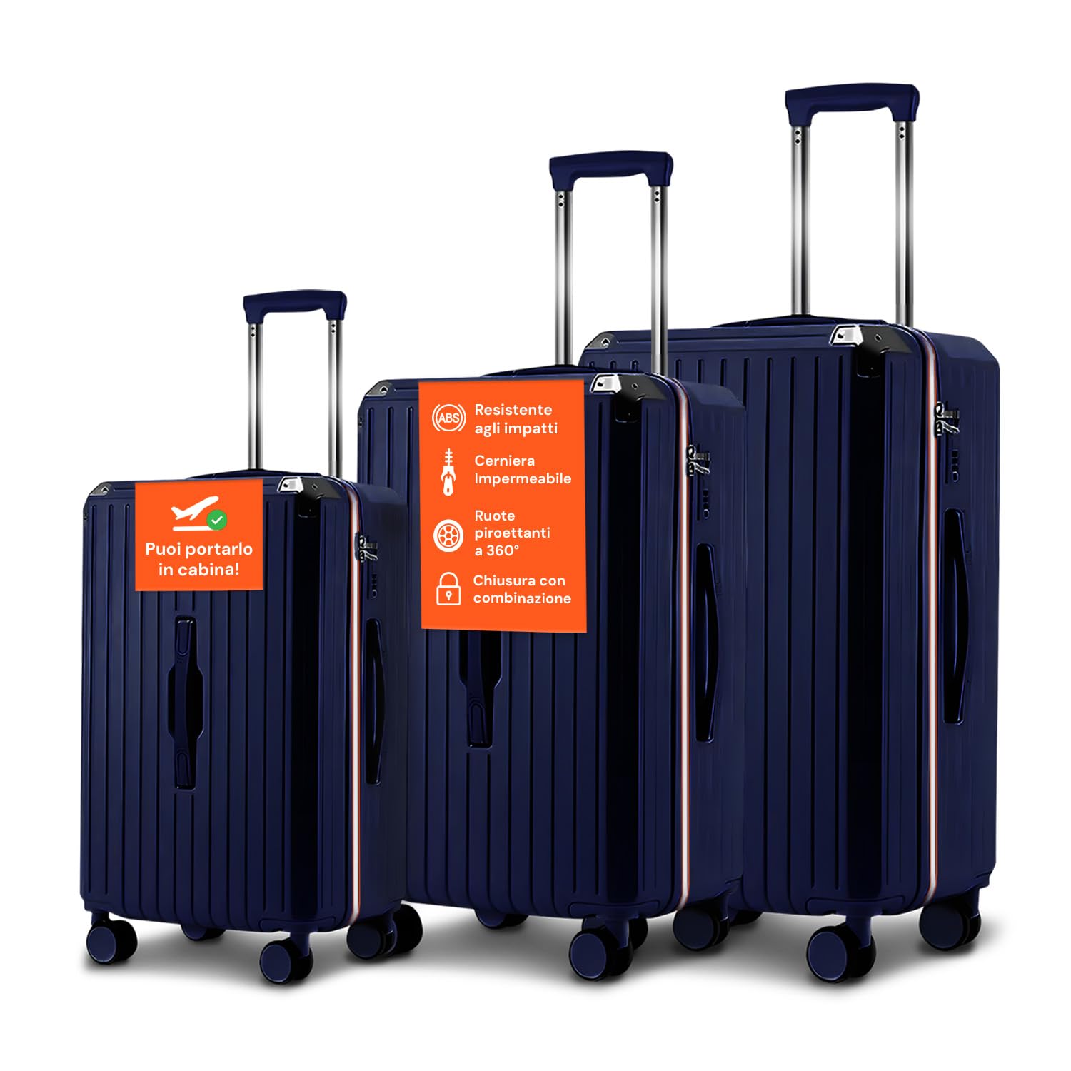 Avilia Set 3 Valigie Trolley (56/66/76 cm) in ABS - Trolley con 4 Doppie Ruote a 360°, Sacca a Rete Interna, Elastico Ferma Indumenti, Cerniera Sicura - Valigie Leggere, Resistenti e Blu