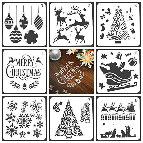 Konsait 8 Pack Christmas Stencils for Painting, Reusable Plastic Craft Painting Template on Wood, Xmas Stencils for Greeting Cards, Albums, Scrapbook, Notebook, Journal, Wall Art, Winter Home Decor