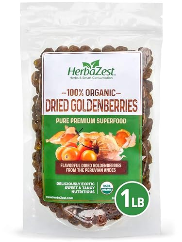 HerbaZest Goldenberries Dry Organic - 1 libra - Certificado USDA, vegano y sin gluten - Perfecto para aperitivos, productos horneados, yogur,
