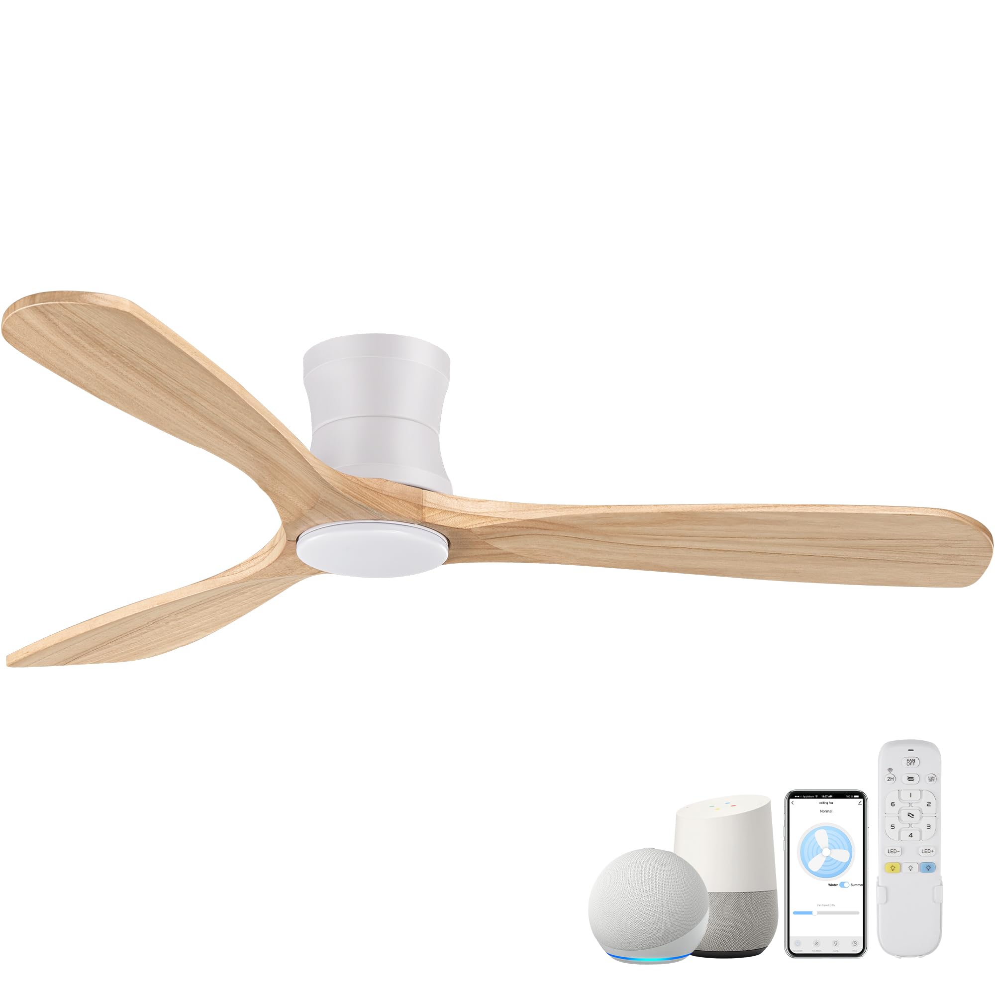 Smart 52” Wood Flush Mount Ceiling Fans with Lights and Remote,Quiet DC Motor,Outdoor Indoor Ultra Low Profile Ceiling Fan works with Alexa WIFI APP,Modern White Ceiling Fan for Bedroom Patio