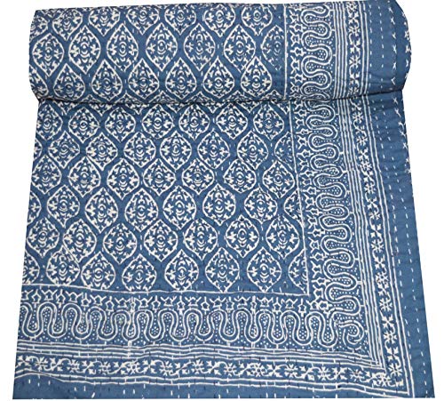 Indain Hand Indigo Blue Kantha Quilt Block Print Twin Bedspread Throw Vintage Kantha Quilt