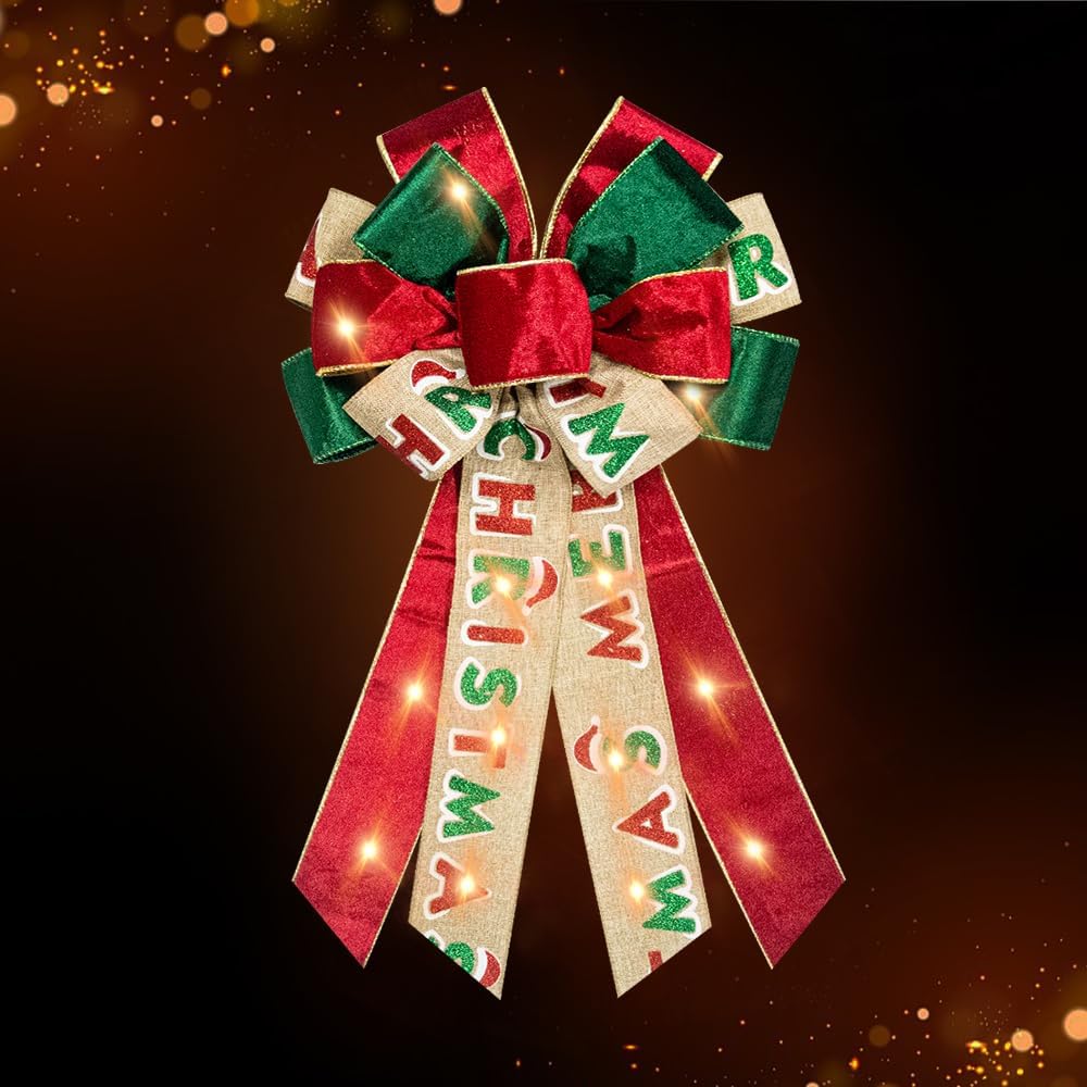 Large Christmas Wreath Bows with Mini LED Strip Words Red