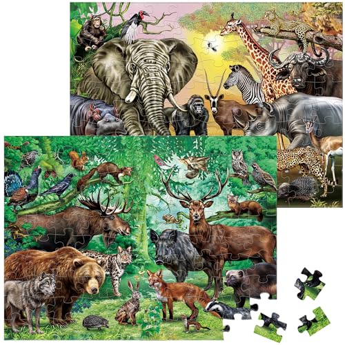 BenBen 2 Pack 100 piezas Puzzles para niños de 4 a 6 años, Animales del bosque y safari | Rompecabezas grueso para niños de 3 a 5 años, actividad educativa sin pantalla para niños de 6 a 8 años, 15.75” x 11.75” miniatura 1
