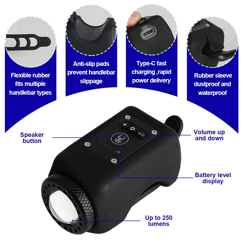 Campanello Bici Elettrico, Clacson Bici Elettrica Con Luci per Bicicletta, 6 modalità sonore, 4 modalità di illuminazione, Ricaricabile tramite USB, Impermeabile, Per monopattini elettrici, MTB