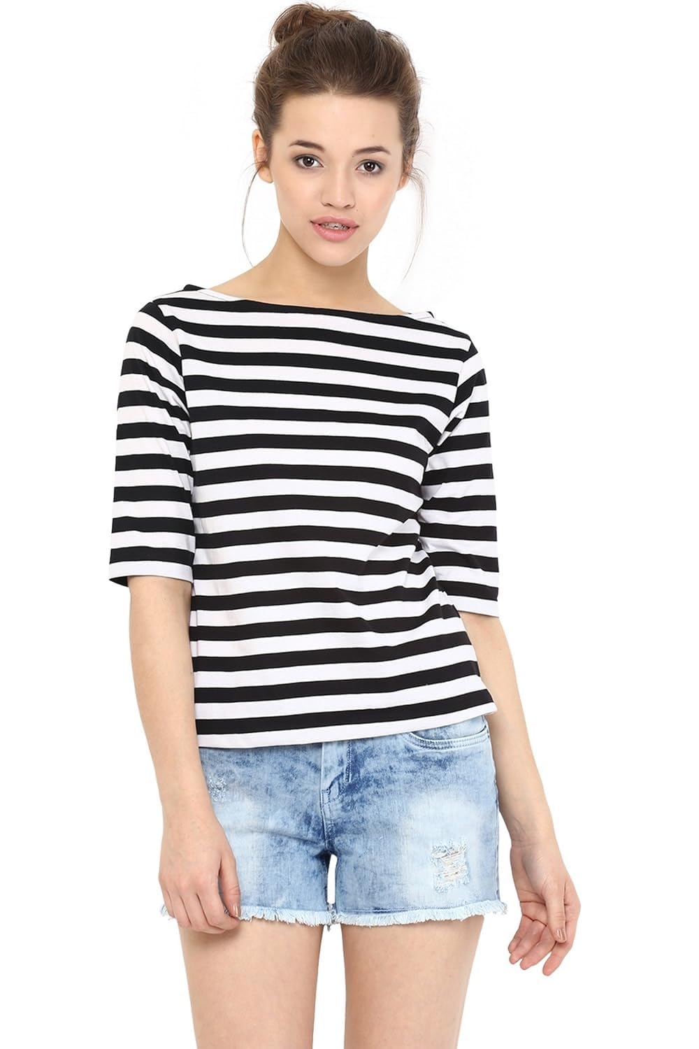 Womens Cotton Boat Neck Half Sleeves Solid Regular Striped Top
