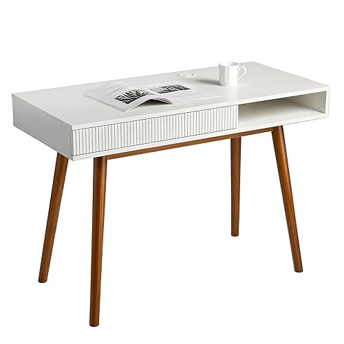 Artswish White Writing Desk with Drawers Mid Century Modern Desk,