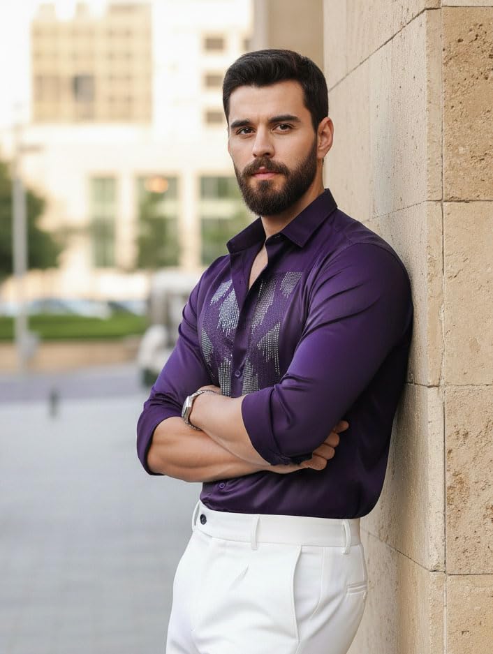 Image of IndoPrimo Men's Satin Shirt for Party, Formal and Casual Wear - Stylish and Trendy Designer Full Sleeve Shirt for Men
